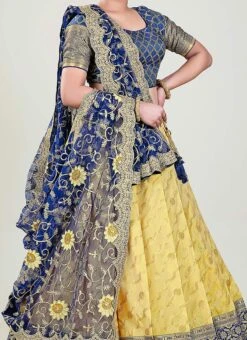 Yellow N Navy Blue Blue Banarasi Silk Zari Work Umbrella Lehenga Festive Wear