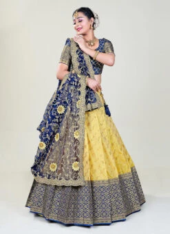 Yellow N Navy Blue Blue Banarasi Silk Zari Work Umbrella Lehenga Festive Wear -C Bazaar Shop yellow n navy blue blue banarasi silk zari work umbrella lehenga ghshss14867ynb u