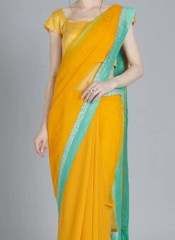 Yellow N Turquoise Contrast Half N Half Saree Festive Wear