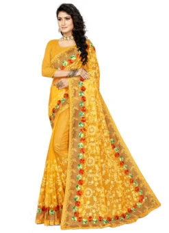 Yellow Net Embroidered Work Saree Festive Wear -C Bazaar Shop yellow net embroidered work saree sasstsktarya8202 u