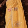 Yellow Organza Thread Embroidered N Mirror Work Saree Festive Wear