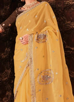 Yellow Organza Thread Embroidered N Mirror Work Saree Festive Wear