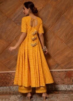 Yellow Pure Cotton Bandhej Printed Anarkali Suit Party Wear -C Bazaar Shop yellow pure cotton bandhej printed anarkali suit sljpjrb10 b