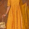 Yellow Pure Cotton Bandhej Printed Anarkali Suit Party Wear
