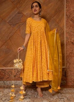 Yellow Pure Cotton Bandhej Printed Anarkali Suit Party Wear -C Bazaar Shop yellow pure cotton bandhej printed anarkali suit sljpjrb10 u