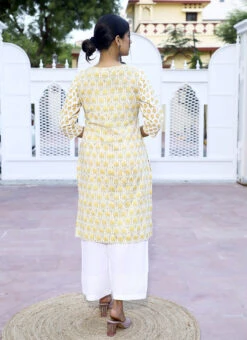 Yellow Pure Cotton Hand Block Printed Kurta Semi Palazzo Set After Six Wear -C Bazaar Shop yellow pure cotton hand block printed kurta semi palazzo set krsjbp2022a2095b b