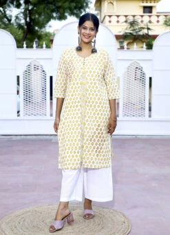 Yellow Pure Cotton Hand Block Printed Kurta Semi Palazzo Set After Six Wear -C Bazaar Shop yellow pure cotton hand block printed kurta semi palazzo set krsjbp2022a2095b u