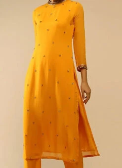 Yellow Pure Georgette Embroidered Kurta Straight Pant Set Party Wear