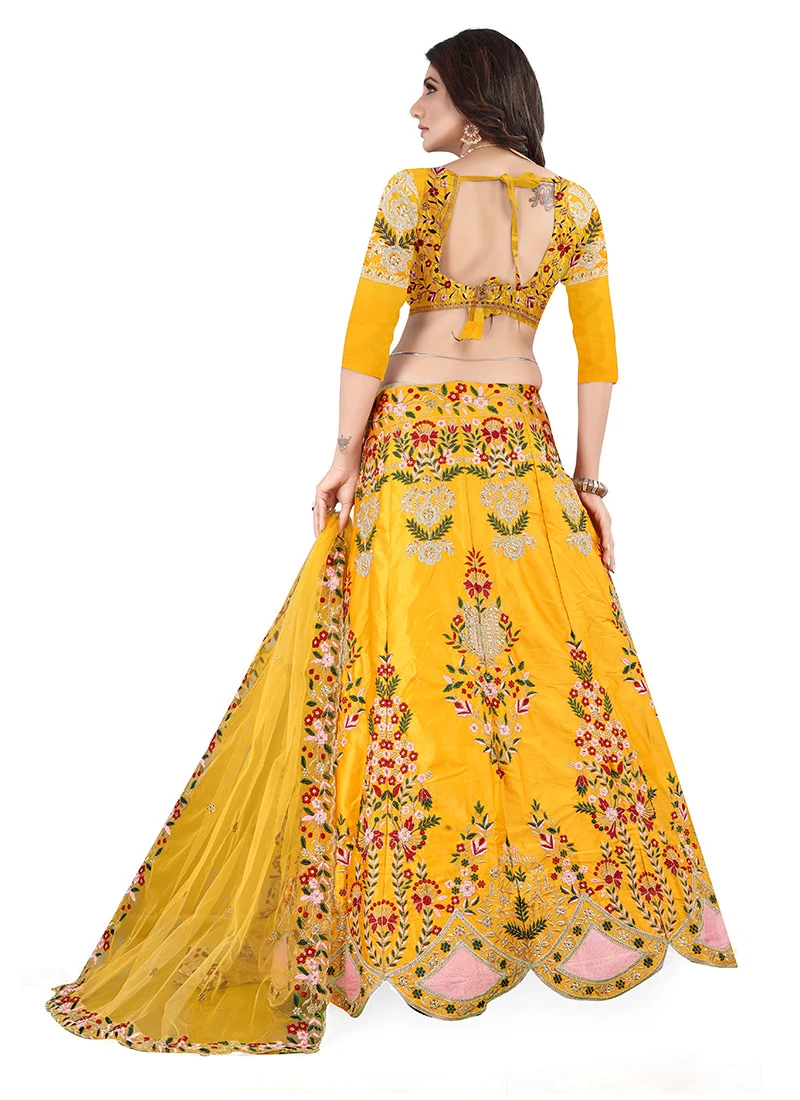 Yellow Satin Embroidered N Stones A Line Lehenga Party Wear 4 Yellow Satin Embroidered N Stones A Line Lehenga Party Wear - Image 4