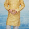 Yellow Silk Dupion Printed Kids Kurta Pyjama Party Wear