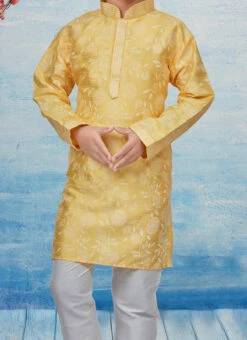 Yellow Silk Dupion Printed Kids Kurta Pyjama Party Wear