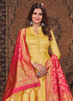 Yellow Silk Plain Anarkali Suit Party Wear 7 Yellow Silk Plain Anarkali Suit Party Wear -C Bazaar Shop yellow silk plain anarkali suit slsdck4002 b