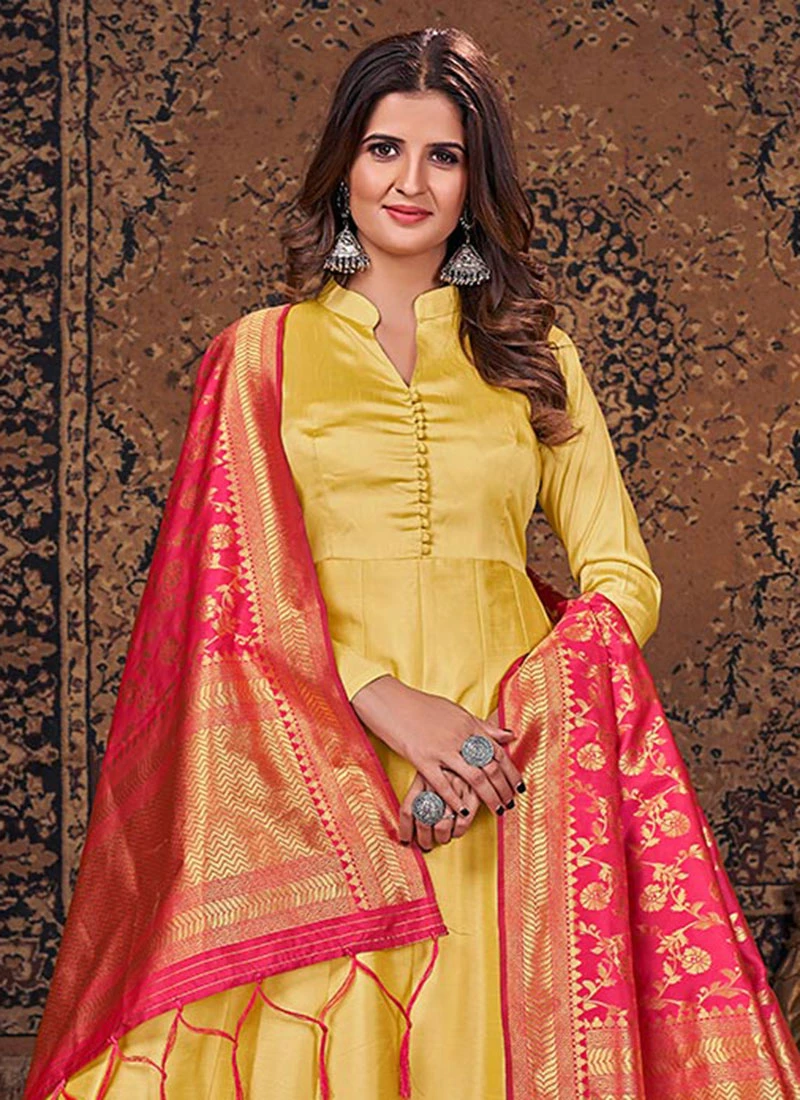 Yellow Silk Plain Anarkali Suit Party Wear 4 Yellow Silk Plain Anarkali Suit Party Wear - Image 4