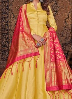 Yellow Silk Plain Anarkali Suit Party Wear