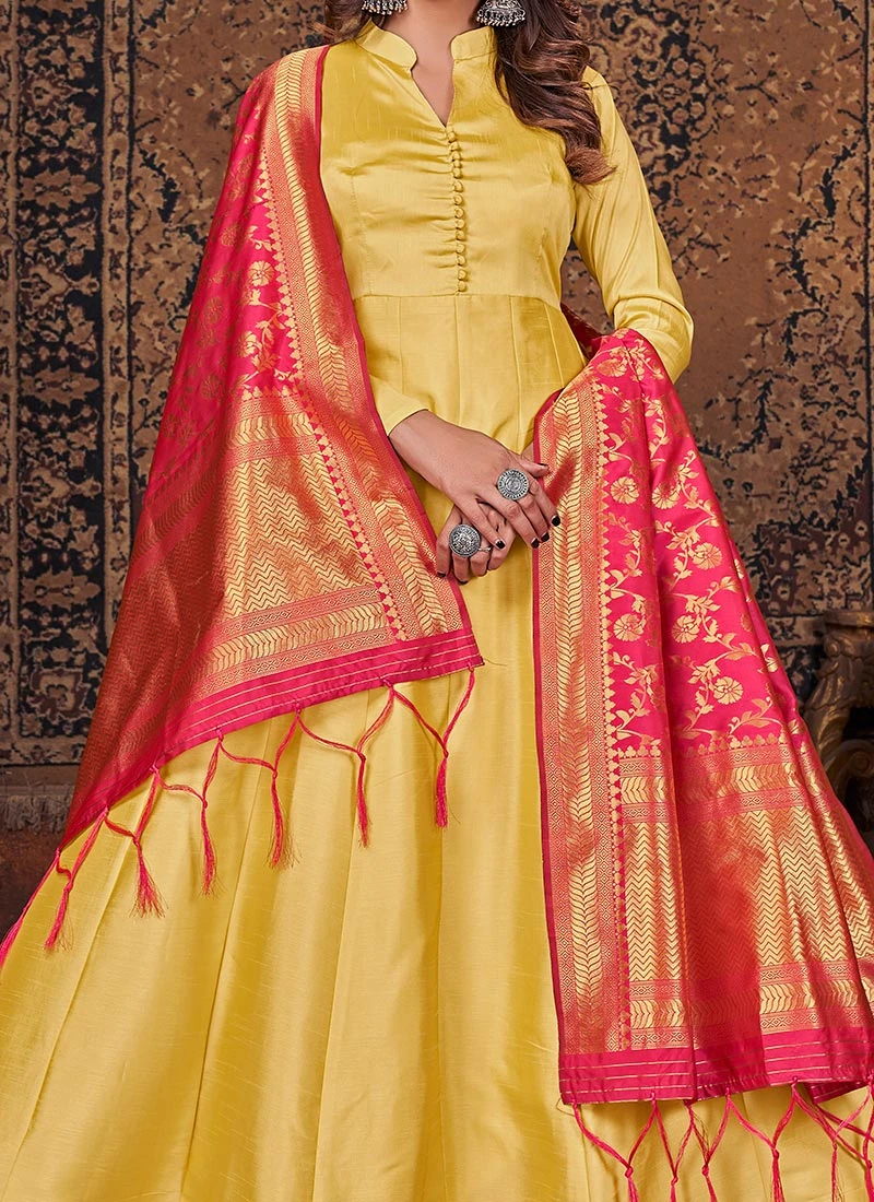 Yellow Silk Plain Anarkali Suit Party Wear 1 Yellow Silk Plain Anarkali Suit Party Wear
