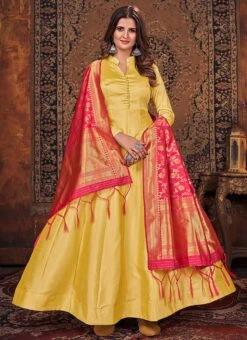 Yellow Silk Plain Anarkali Suit Party Wear 6 Yellow Silk Plain Anarkali Suit Party Wear -C Bazaar Shop yellow silk plain anarkali suit slsdck4002 u