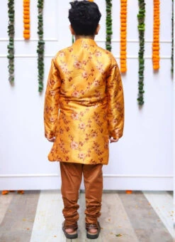 Yellow Silk Printed Kids Boys Classic Sherwani Party Wear -C Bazaar Shop yellow silk printed kids boys classic sherwani kdbfnfcb051 b