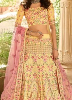 Yellow Soft Silk Sequins Embroidery Umbrella Lehenga Wedding Wear