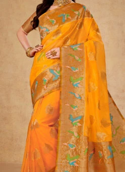 Zari Weaving Organza Orange Color Saree Party Wear
