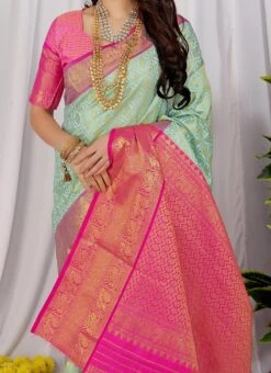 Zari Weaving Sky Blue Color Litchi Silk Saree Festive Wear