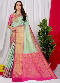 Zari Weaving Sky Blue Color Litchi Silk Saree Festive Wear -C Bazaar Shop zari weaving sky blue color litchi silk saree sasom110668 u