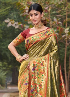 Zari Weaving Work Mehendi Green Color Paithani Silk Saree Festive Wear -C Bazaar Shop zari weaving work mehendi green color paithani silk saree sasacw2208 b