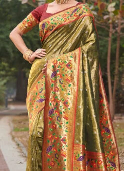 Zari Weaving Work Mehendi Green Color Paithani Silk Saree Festive Wear