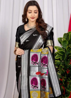 Zari Weaving Work Soft Litchi Silk Black Color Saree Festive Wear -C Bazaar Shop zari weaving work soft litchi silk black color saree sasom110605 b