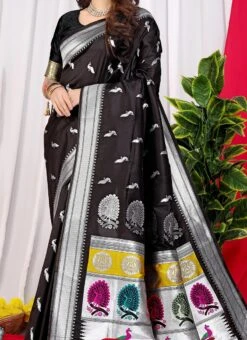 Zari Weaving Work Soft Litchi Silk Black Color Saree Festive Wear