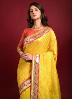 Zari Work Yellow Color Banarasi Silk Saree Festive Wear -C Bazaar Shop zari work yellow color banarasi silk saree sasacw3801 b