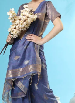 Zari Woven Handloom Silk Blue Color Saree Festive Wear